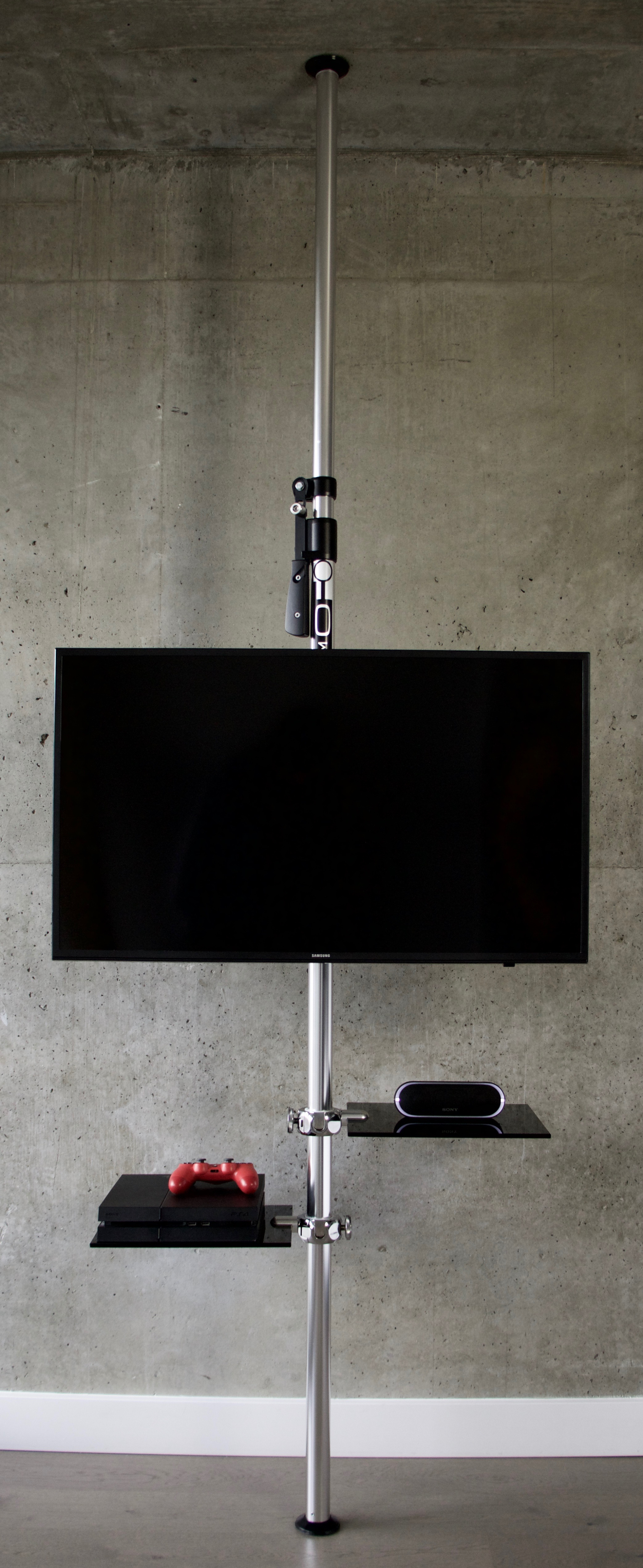 MOFO Pole floor to ceiling tension mounted tv pole with 2 shelves